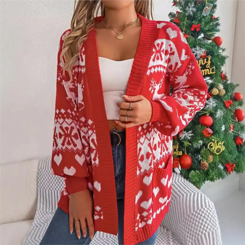 Christmas Deer Pocket Long Sleeve Cardigan