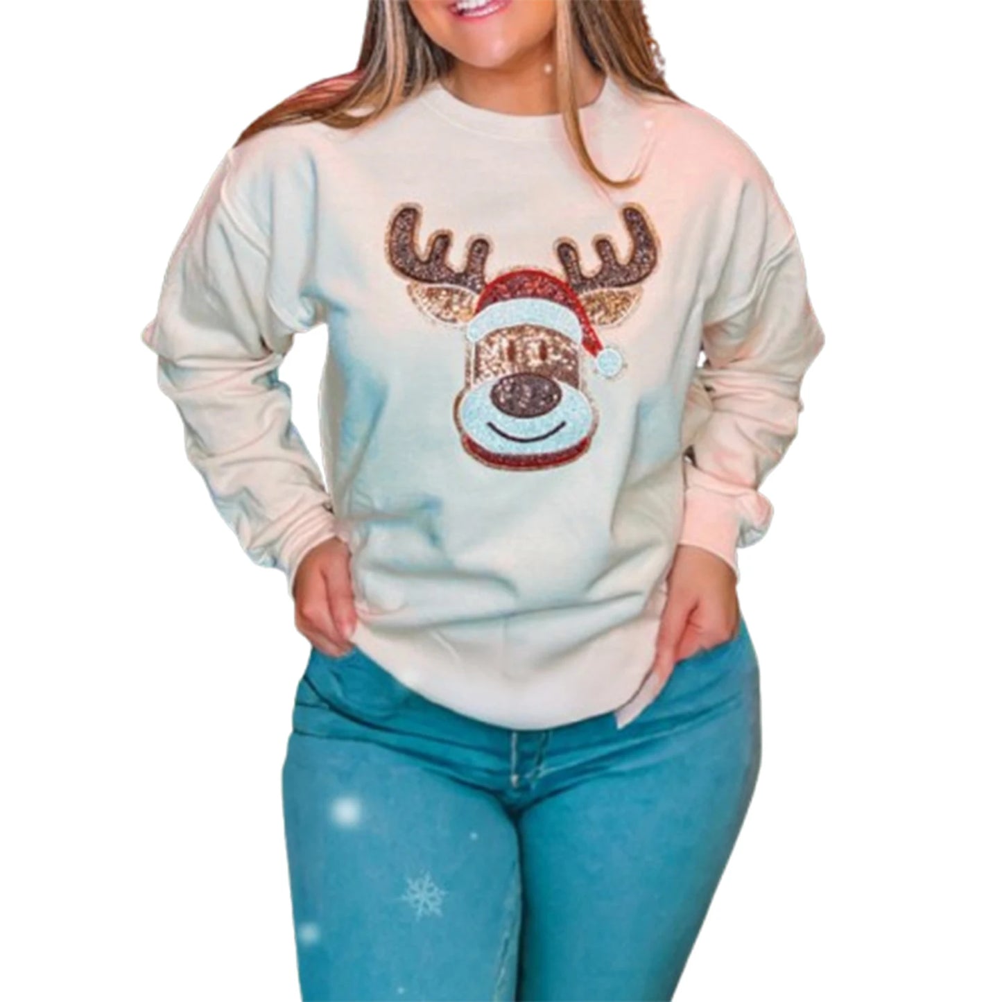 Loose Pullover Snowflake Letter Embroidery Crew Neck Long Sleeve Christmas Hoodie