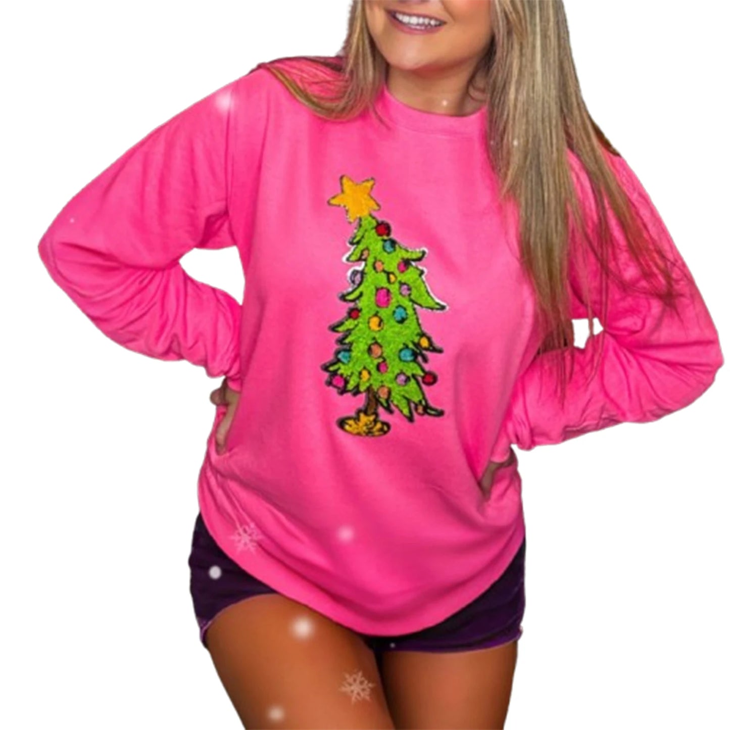 Loose Pullover Snowflake Letter Embroidery Crew Neck Long Sleeve Christmas Hoodie