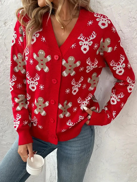 Christmas V-neck Elk Print Cardigan