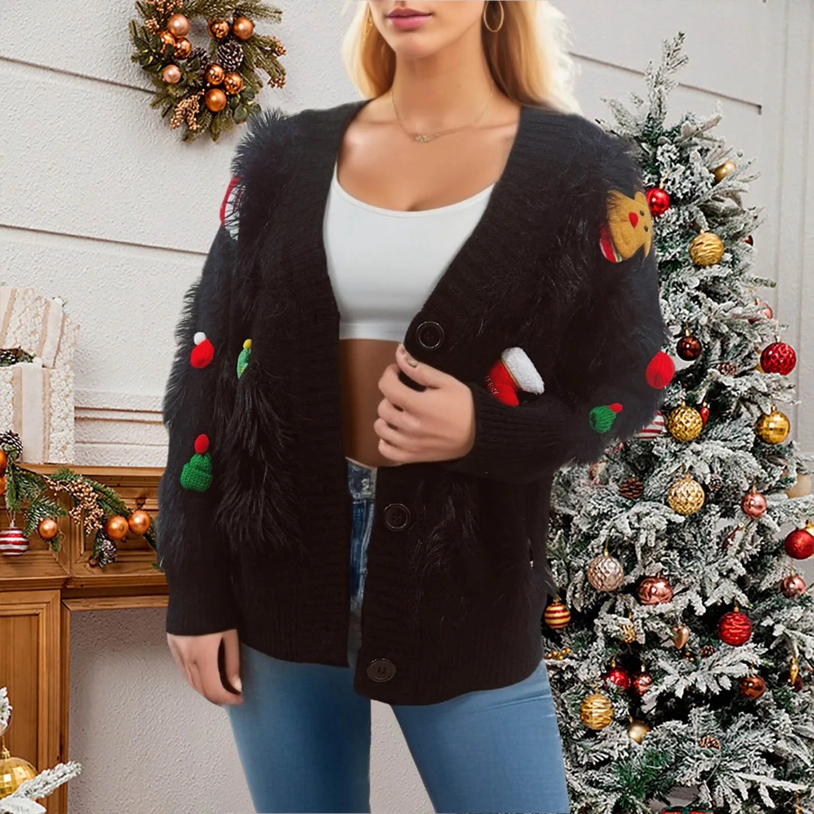 Three Decoration Lace Detail Cardigan Black / S Cardigan-241208