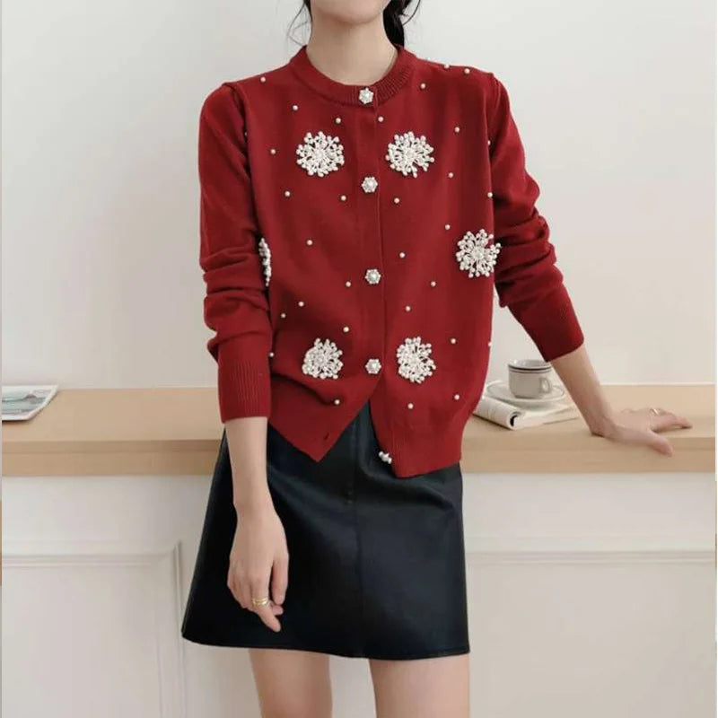 Diamonds Pearl Floral Slim O-neck Cardigan