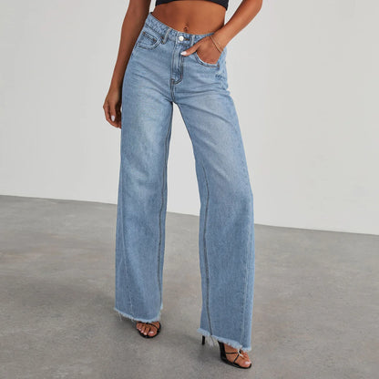 Women's Denim High Waist Fashion Wide Leg Pants Trousers Autumn Tide Straight Pants De Mujer Frayed Hem Jeans