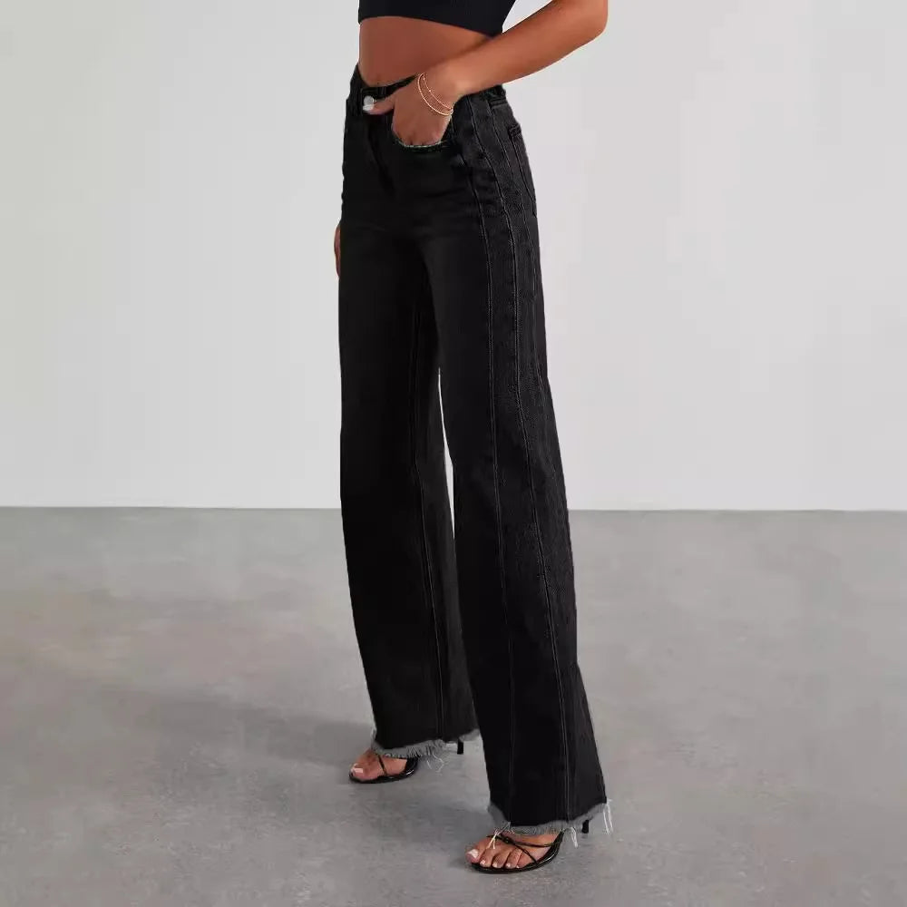 Women's Denim High Waist Fashion Wide Leg Pants Trousers Autumn Tide Straight Pants De Mujer Frayed Hem Jeans