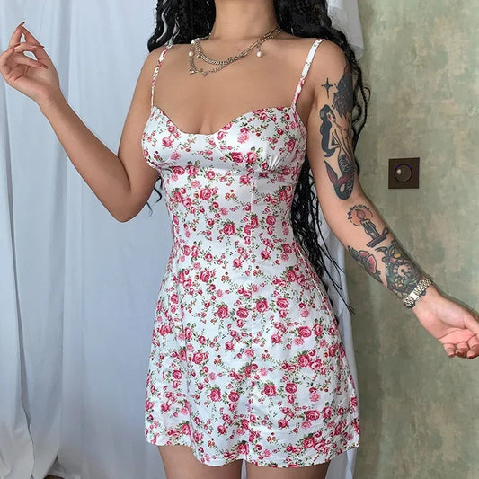 Women's Short Breasted SlimLarge Backless Sleeveless Sun Vacation Floral Dress