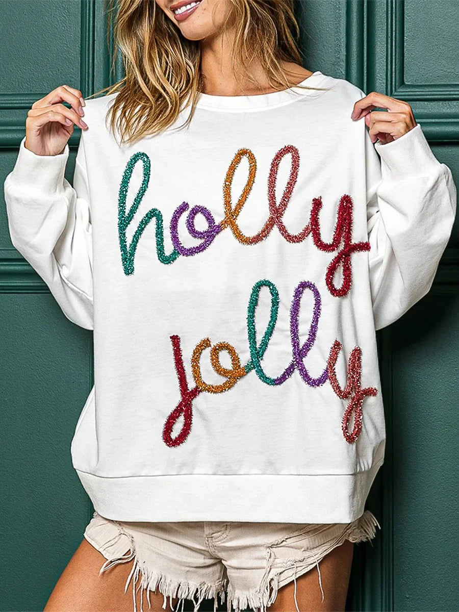 Fall Sequin Letter Pattern Long Sleeve Round Neck Loose Christmas Hoodie