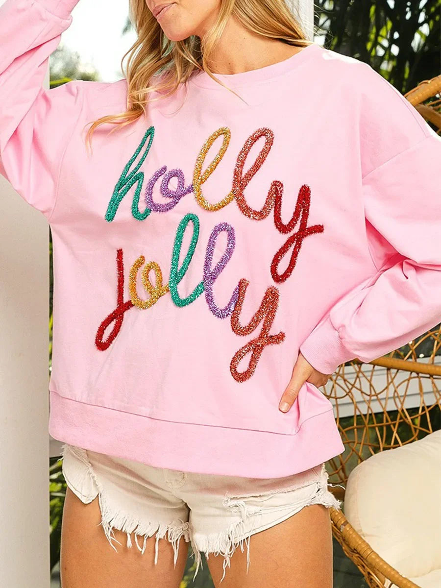 Fall Sequin Letter Pattern Long Sleeve Round Neck Loose Christmas Hoodie