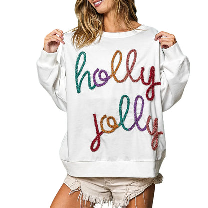 Fall Sequin Letter Pattern Long Sleeve Round Neck Loose Christmas Hoodie