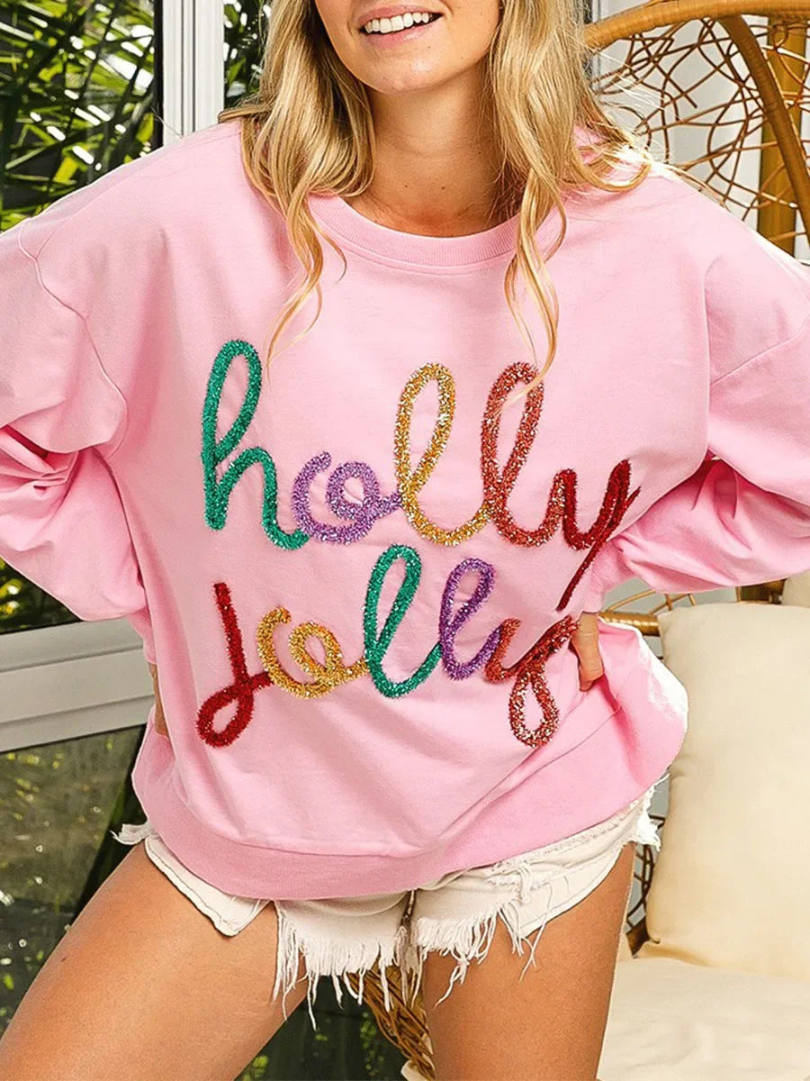 Fall Sequin Letter Pattern Long Sleeve Round Neck Loose Christmas Hoodie