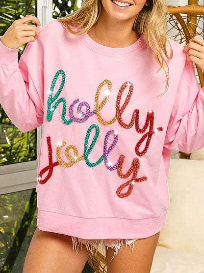 Fall Sequin Letter Pattern Long Sleeve Round Neck Loose Christmas Hoodie