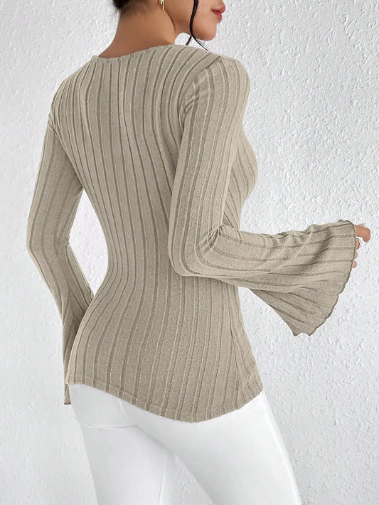 V-neck Striped Long Sleeve Knit Sweater