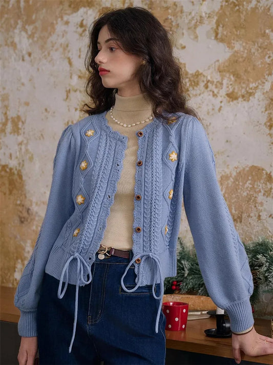 Floral Embroidery Round Neck Button Cardigan