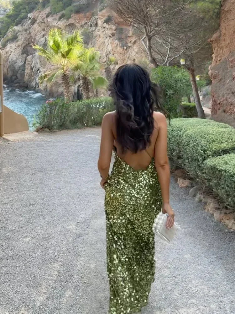 Green Sequin Backless Sling Dress Sexy Sleeveless Off Shoulder Slim Christmas Party Dress