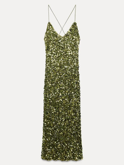 Green Sequin Backless Sling Dress Sexy Sleeveless Off Shoulder Slim Christmas Party Dress