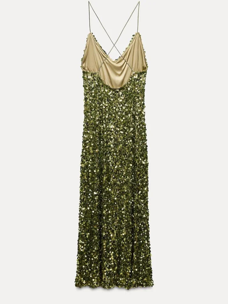 Green Sequin Backless Sling Dress Sexy Sleeveless Off Shoulder Slim Christmas Party Dress