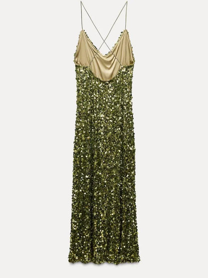 Green Sequin Backless Sling Dress Sexy Sleeveless Off Shoulder Slim Christmas Party Dress