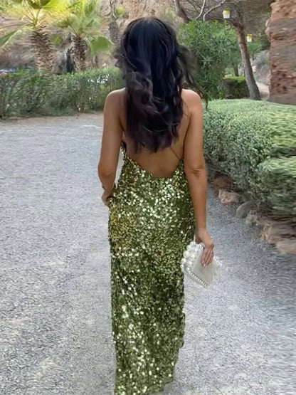 Green Sequin Backless Sling Dress Sexy Sleeveless Off Shoulder Slim Christmas Party Dress