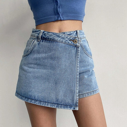 Waist A Line Denim With Light Wash Two Piece Design Chic Slimming Short