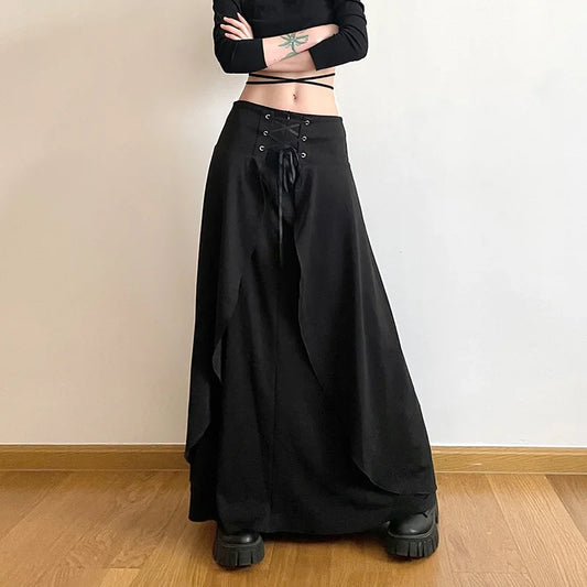 Women's High Waist Layered Ruffle Maxi Cake Elegant Party Wedding Guest Y2K Solid Vintage Black A Line Skirt