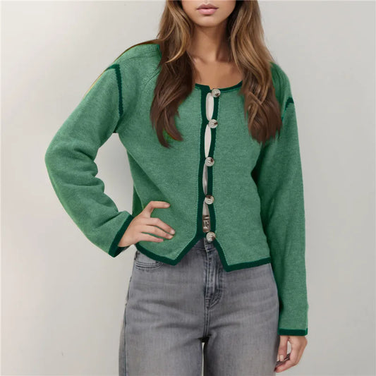 Contrast Stitching Long Sleeve Button Cardigan