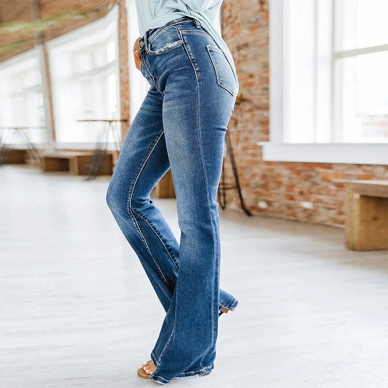 Patchwork Flared Vintage High Stretch Casual Denim Jean