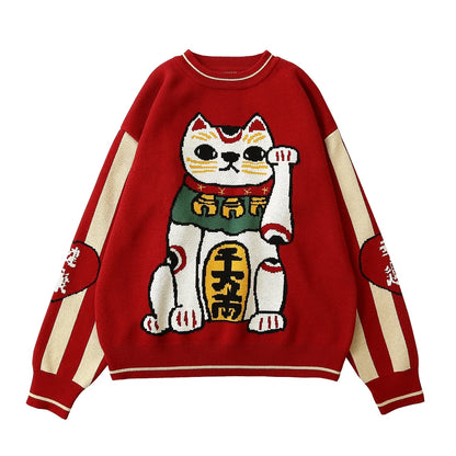 Thick Warm Retro Lucky Cat Red Cotton Jumper Christmas Sweater