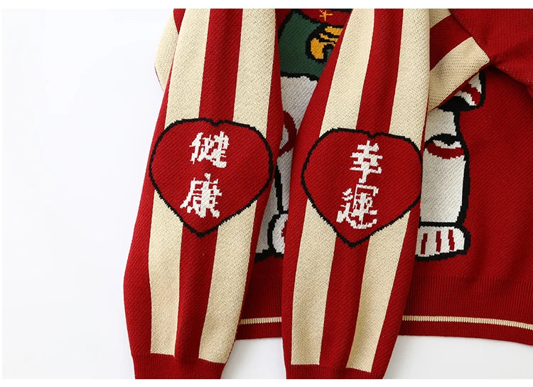 Thick Warm Retro Lucky Cat Red Cotton Jumper Christmas Sweater