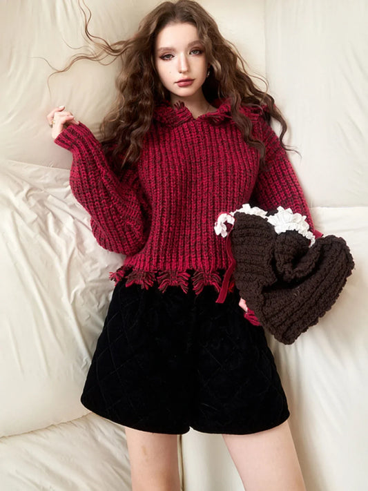 Vintage Harajuku Aesthetic Elegant Long Sleeves Red Pullover Christmas Sweater Sweaters-L