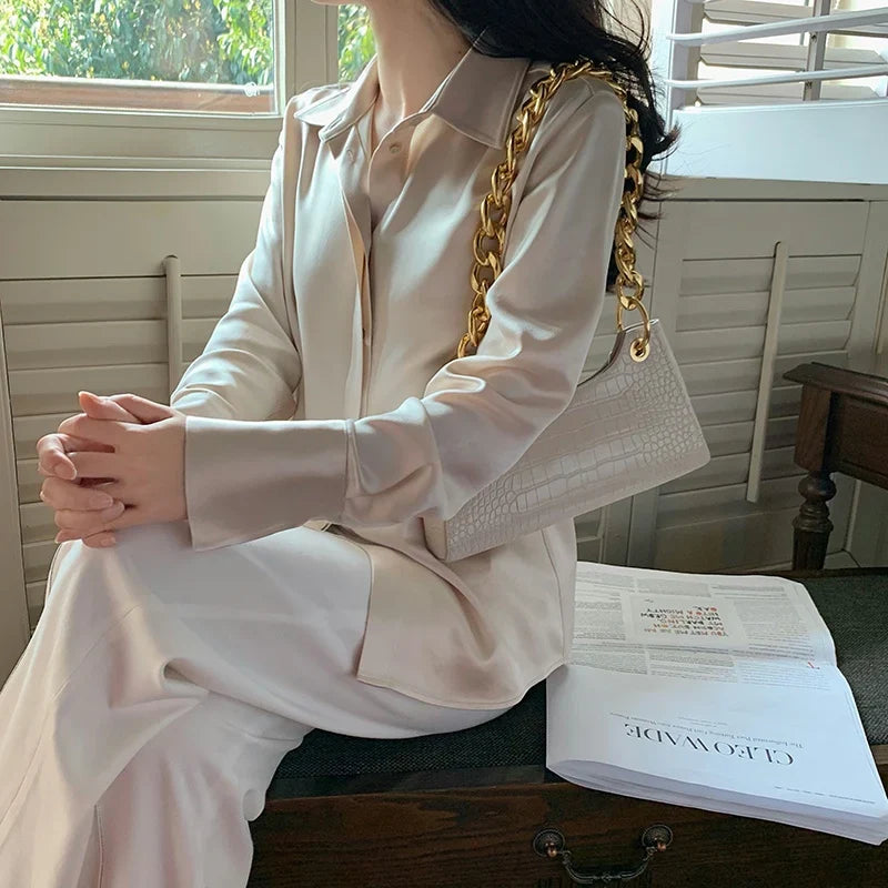 Satin Long Sleeve French Style Office Lady Blouse Champagne / S blouse-250126