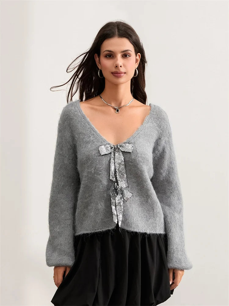 Sequin Bow Front Tie Loose V-neck Cardigan