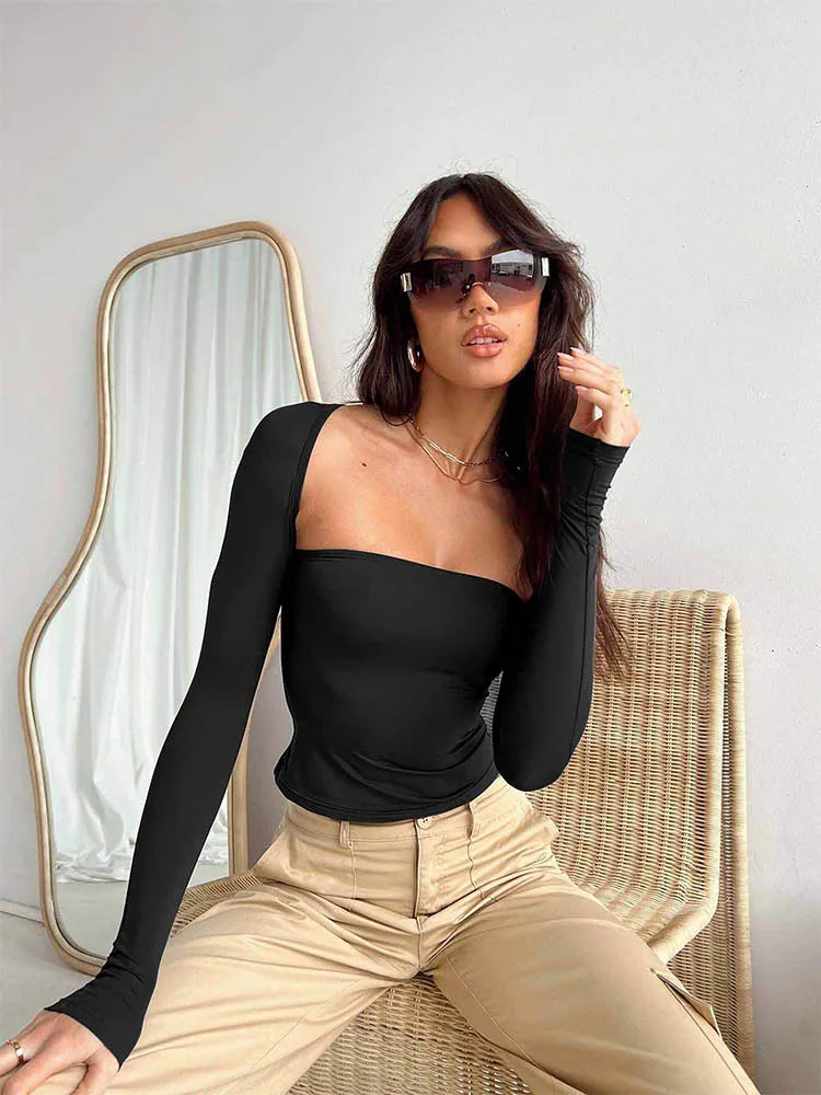 Sexy Bra Tie Waist Long Sleeve Tight Cover Crop Top