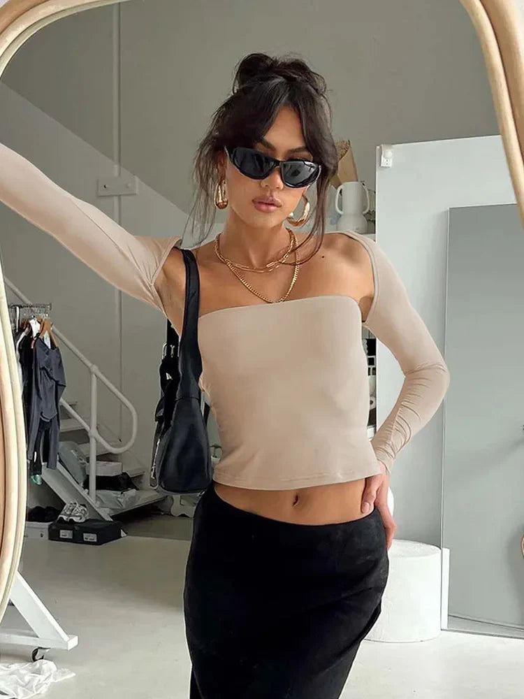 Sexy Bra Tie Waist Long Sleeve Tight Cover Crop Top