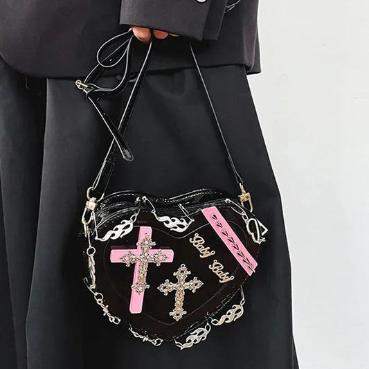 Heart-Shaped Leather Gothic Punk Crossbody Metal Decoration Shoulder Bag