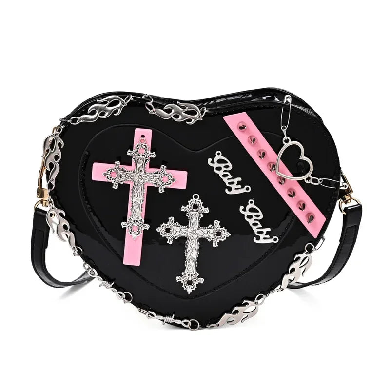 Heart-Shaped Leather Gothic Punk Crossbody Metal Decoration Shoulder Bag