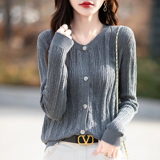 100% Cotton Slim O-Neck Knitted Cardigan