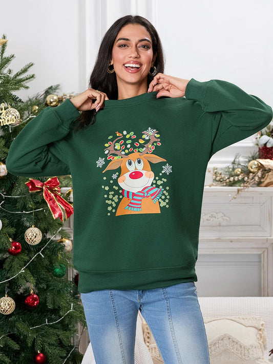 Christmas Deer Print Crew Neck Fall Winter Long Sleeve Casual Christmas Hoodie