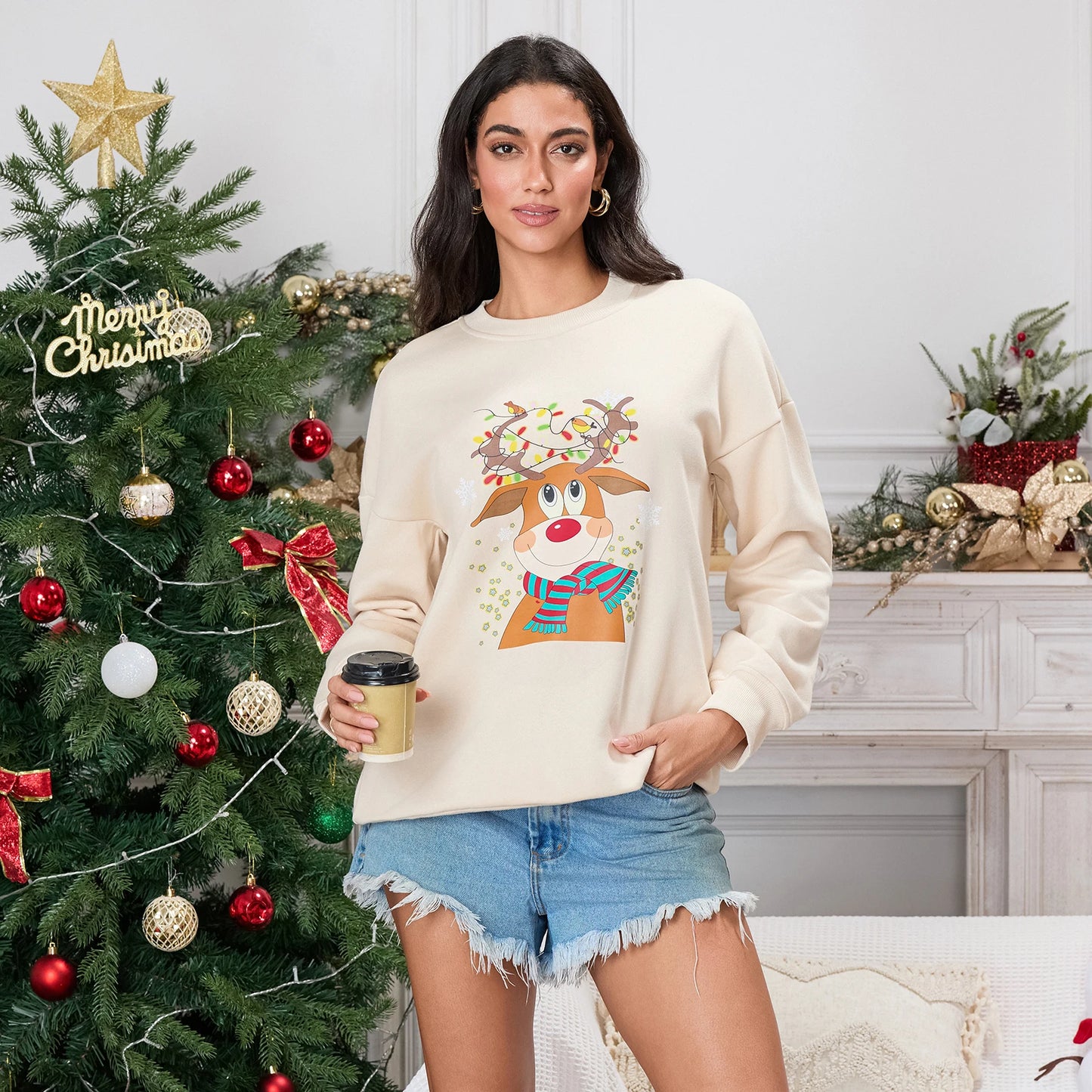 Christmas Deer Print Crew Neck Fall Winter Long Sleeve Casual Christmas Hoodie