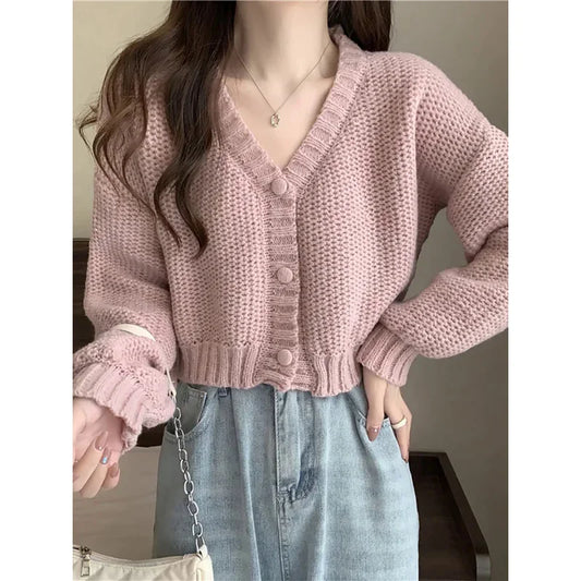 Button-Up V-Neck Sweet Casual Knit Cardigan