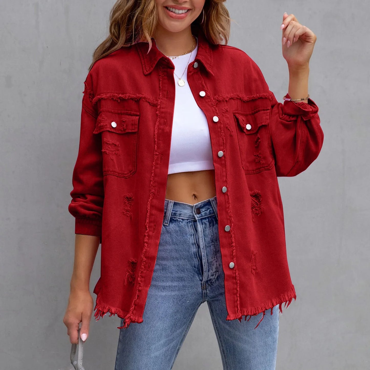 Ripped Distressed Denim Single Breasted Turn Down Collar Washed Jacket