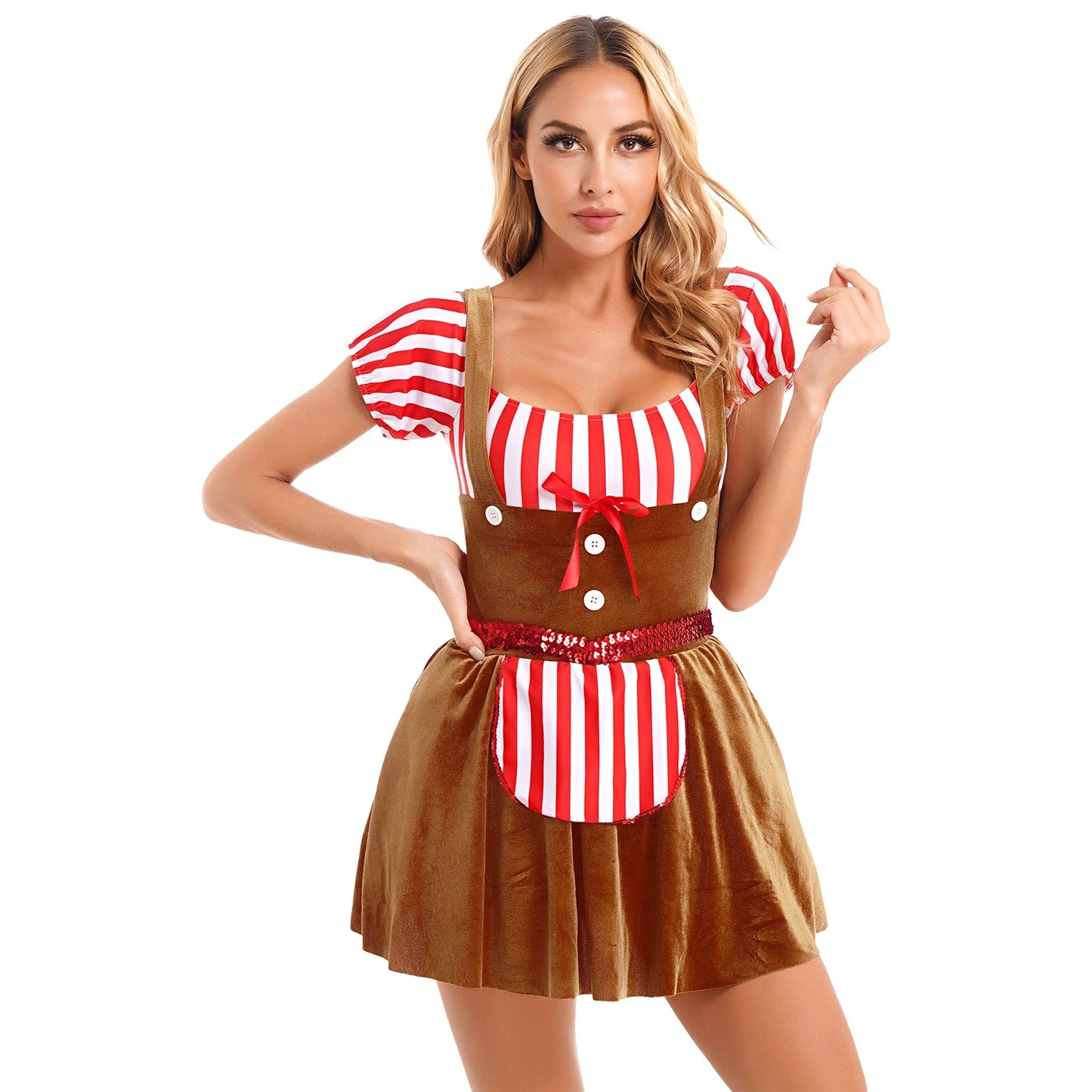 Gingerbread Man Stripe Patchwork Velvet A-line Christmas Costume