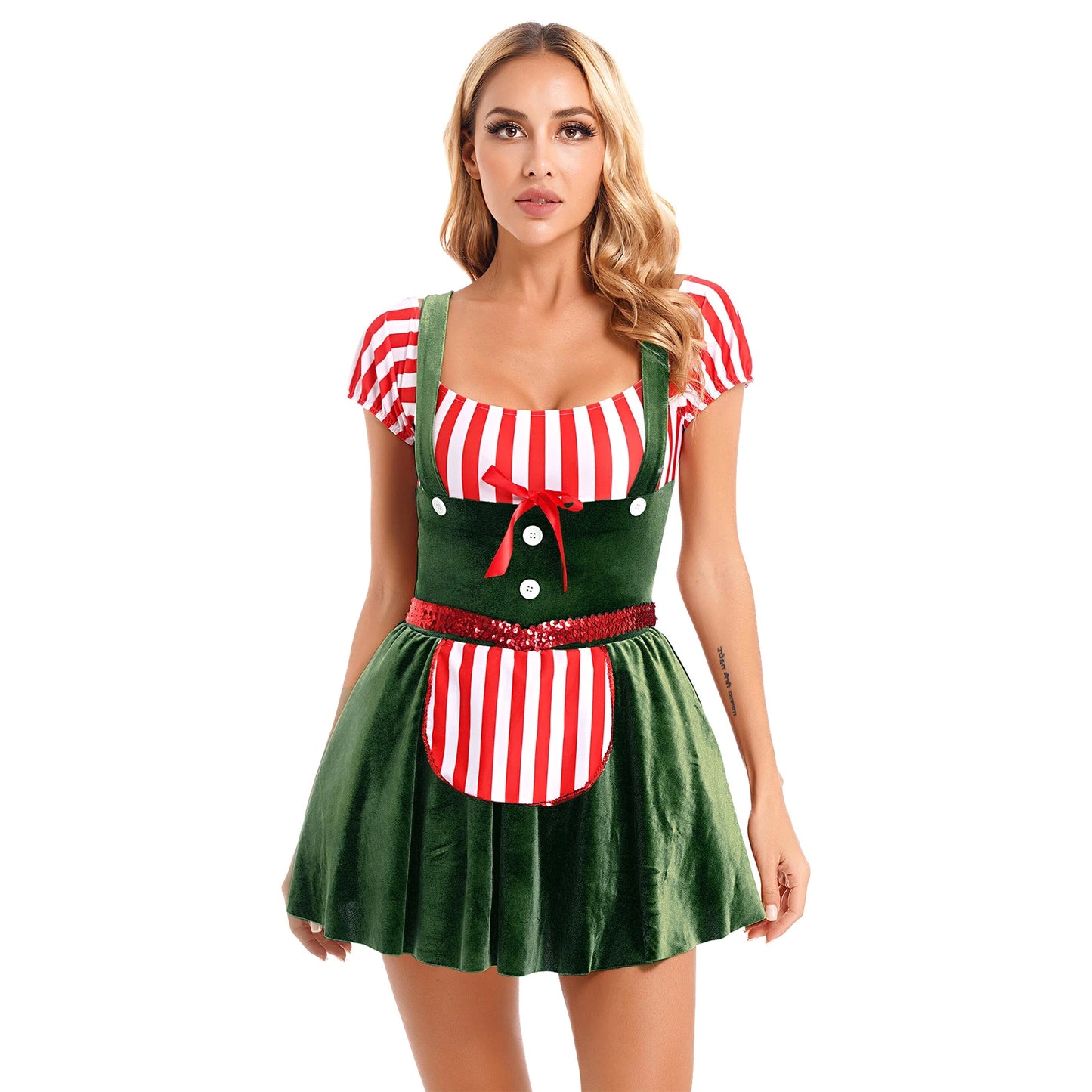 Gingerbread Man Stripe Patchwork Velvet A-line Christmas Costume