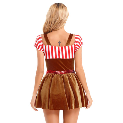 Gingerbread Man Stripe Patchwork Velvet A-line Christmas Costume