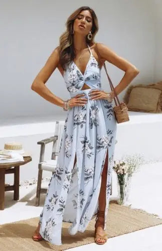 Summer Boho Maxi Halter Floral Dress