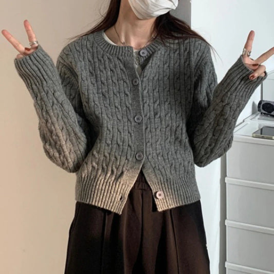 Solid Round Neck Single Breasted 2000s Style Knit Cardigan