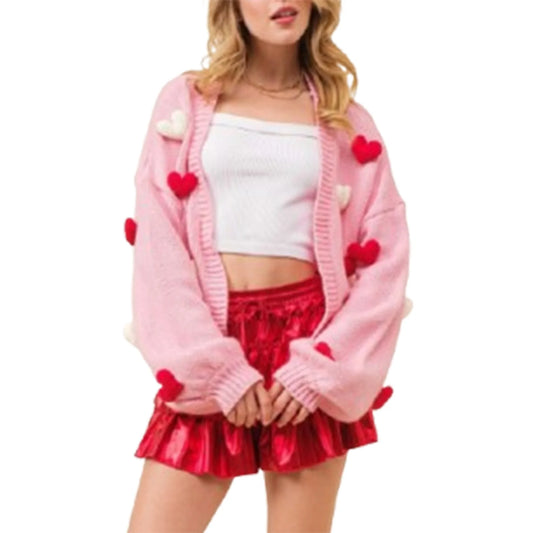 3D Heart Print Single Breasted Knit Cardigan