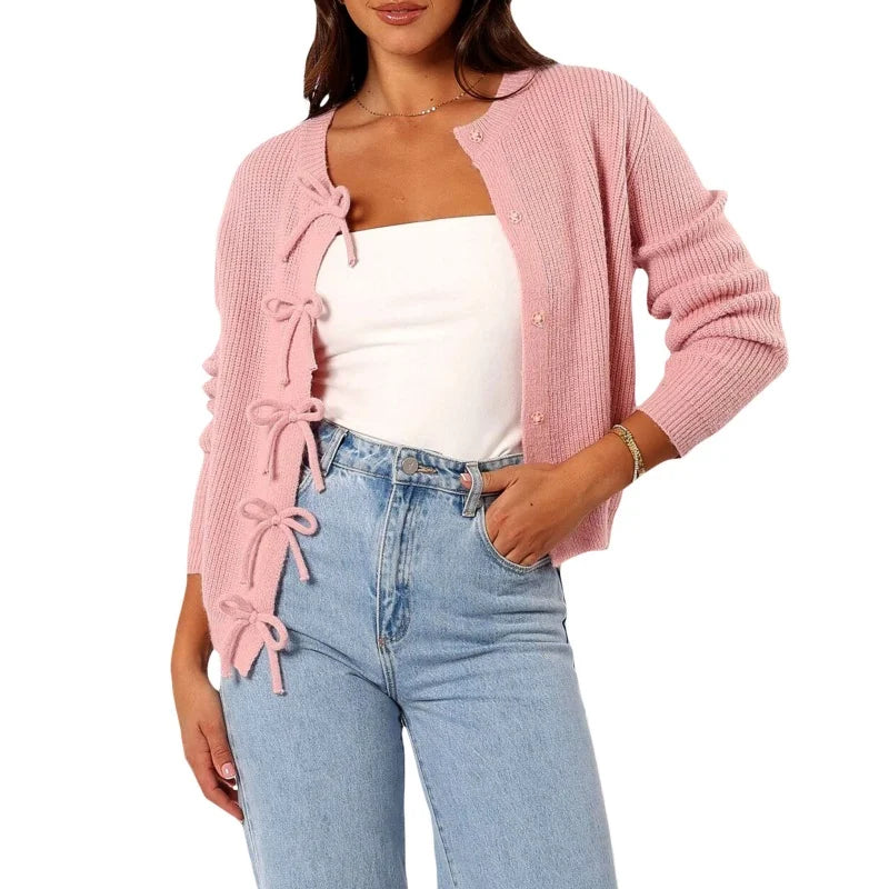 Y2K Bow Front Round Neck Cardigan