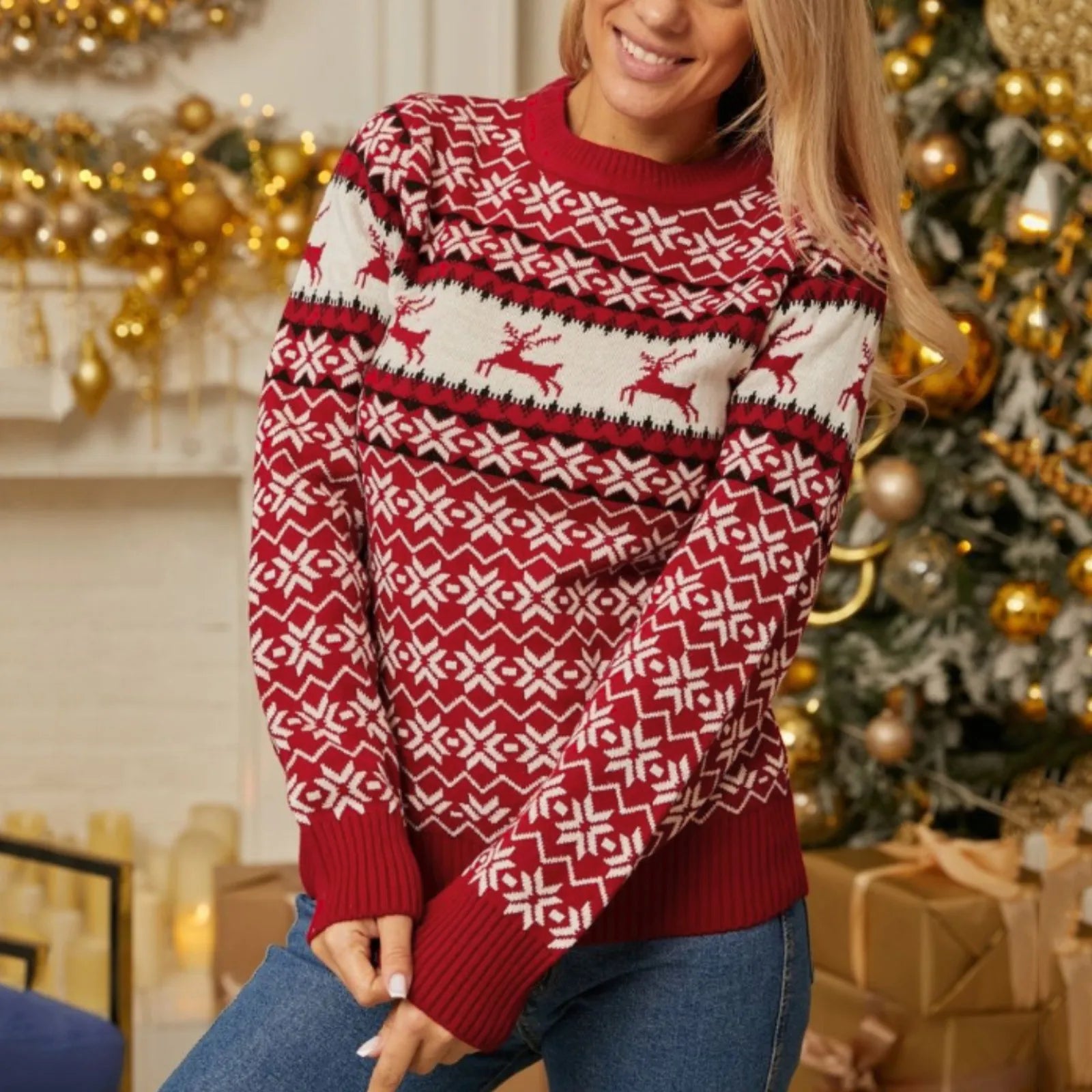 Casual Soft O Neck Long Sleeve Thick Warm Christmas Sweater Red-4 / S Sweaters-L