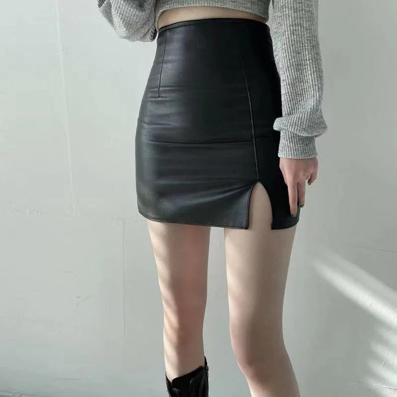 Sexy Skinny High Waist Side Split Korean Chic Black Comfortable Mini Skirt