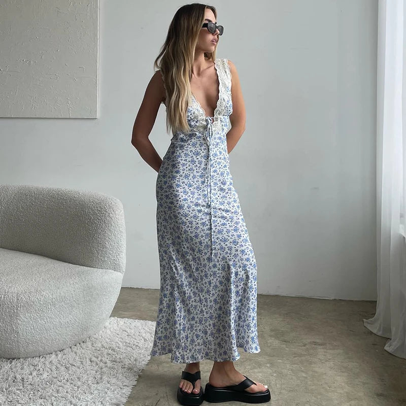 Y2K Lace Trim Long Vacation Dress vacationdress-250223