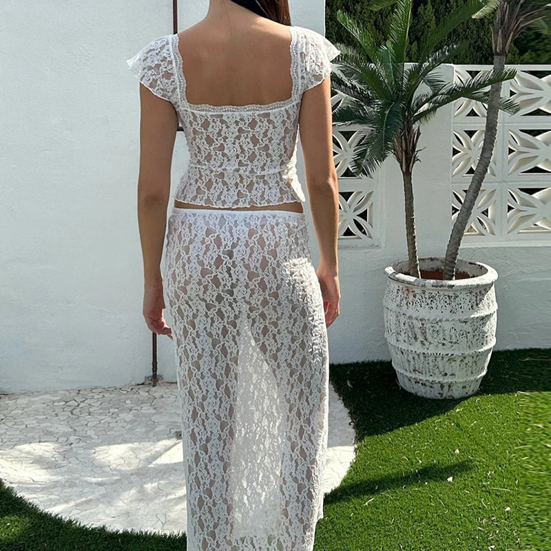 Floral Lace See-Through Short Sleeve Crop Top Long Skirt Two Pieces Set twopiecesset-250126